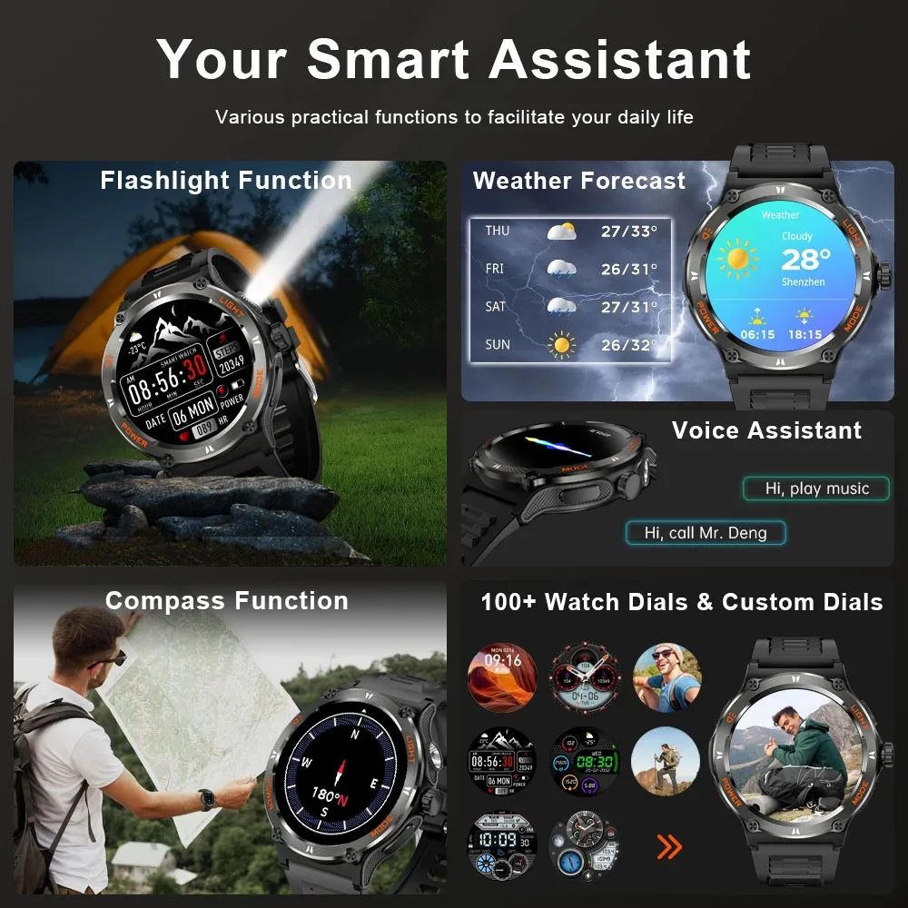 2024New Outdoor Military Smart Watch Men LED light AMOLED HD Screen Heart Rate Compass Bluetooth Call 3ATM Waterproof Smartwatch