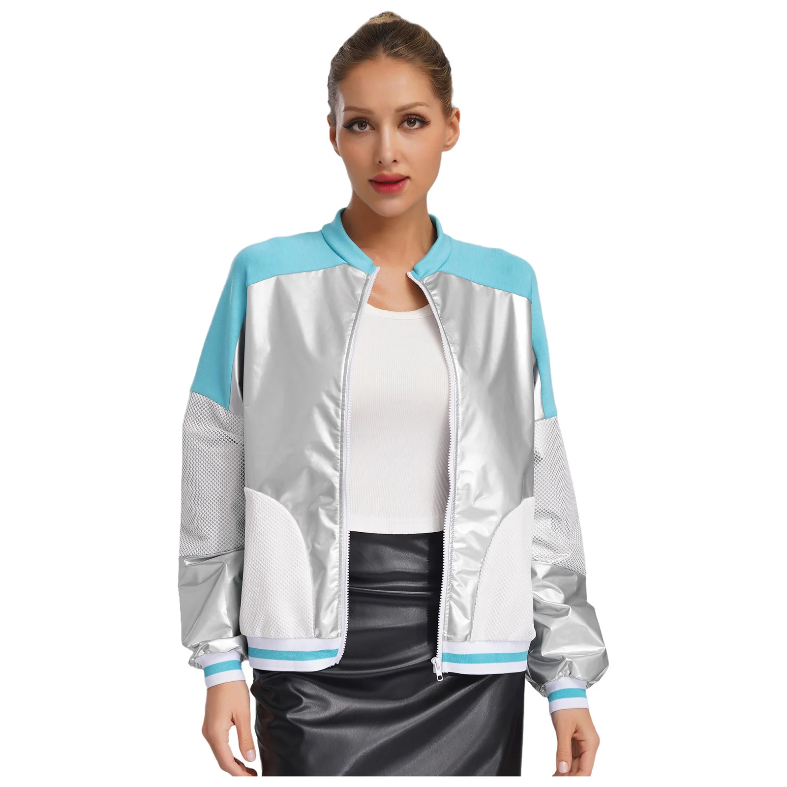 Cappotti da donna in pelle verniciata lucida Colletto alla coreana Manica lunga Scava fuori Maglia patchwork Cappotto metallico Capispalla casual quotidiano