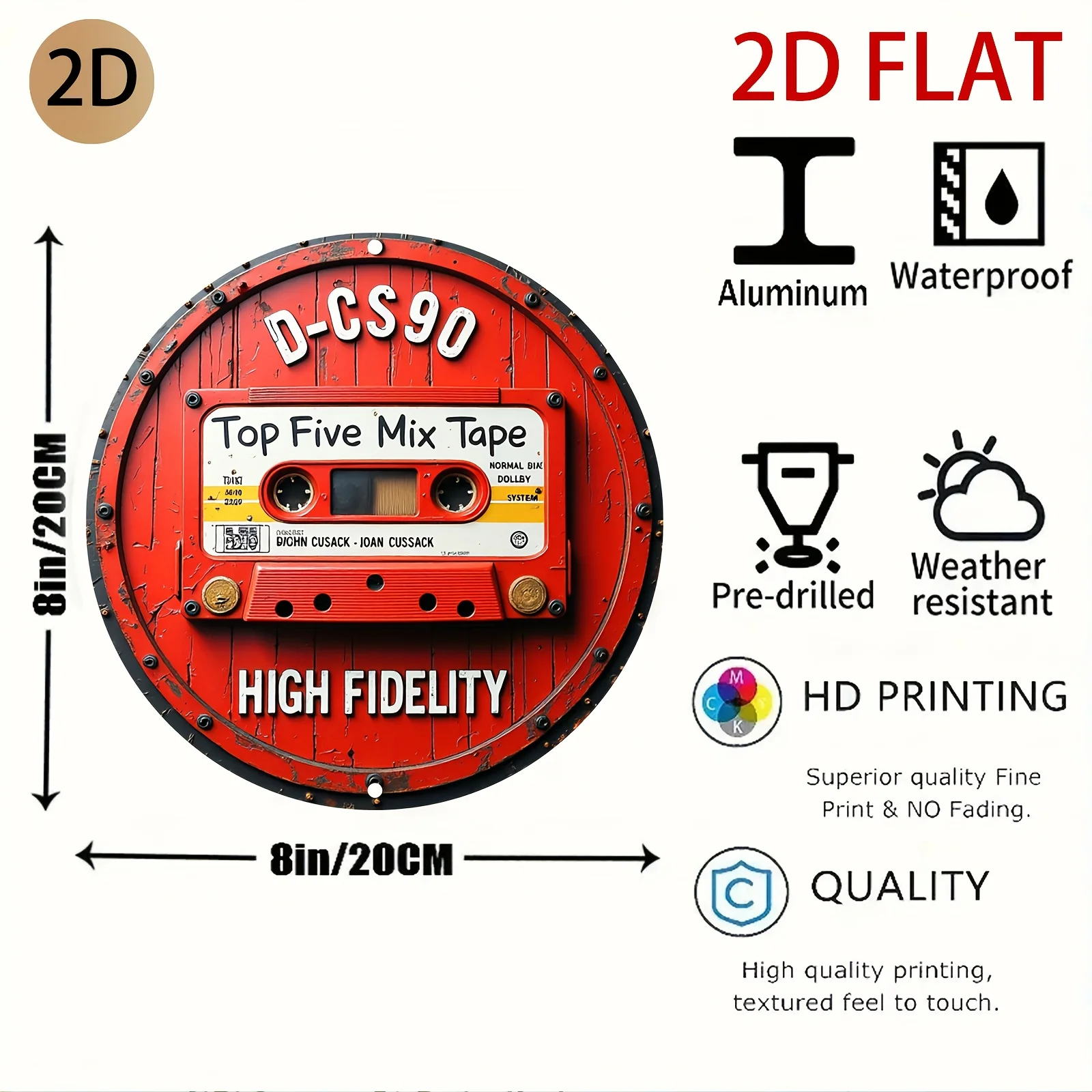 2D flat Round Metal Tin Sign,7.87x7.87 Inch Retro Mix Tape High Fidelity Graphic Vintage Wall Decor For Music Bar Recording Stud