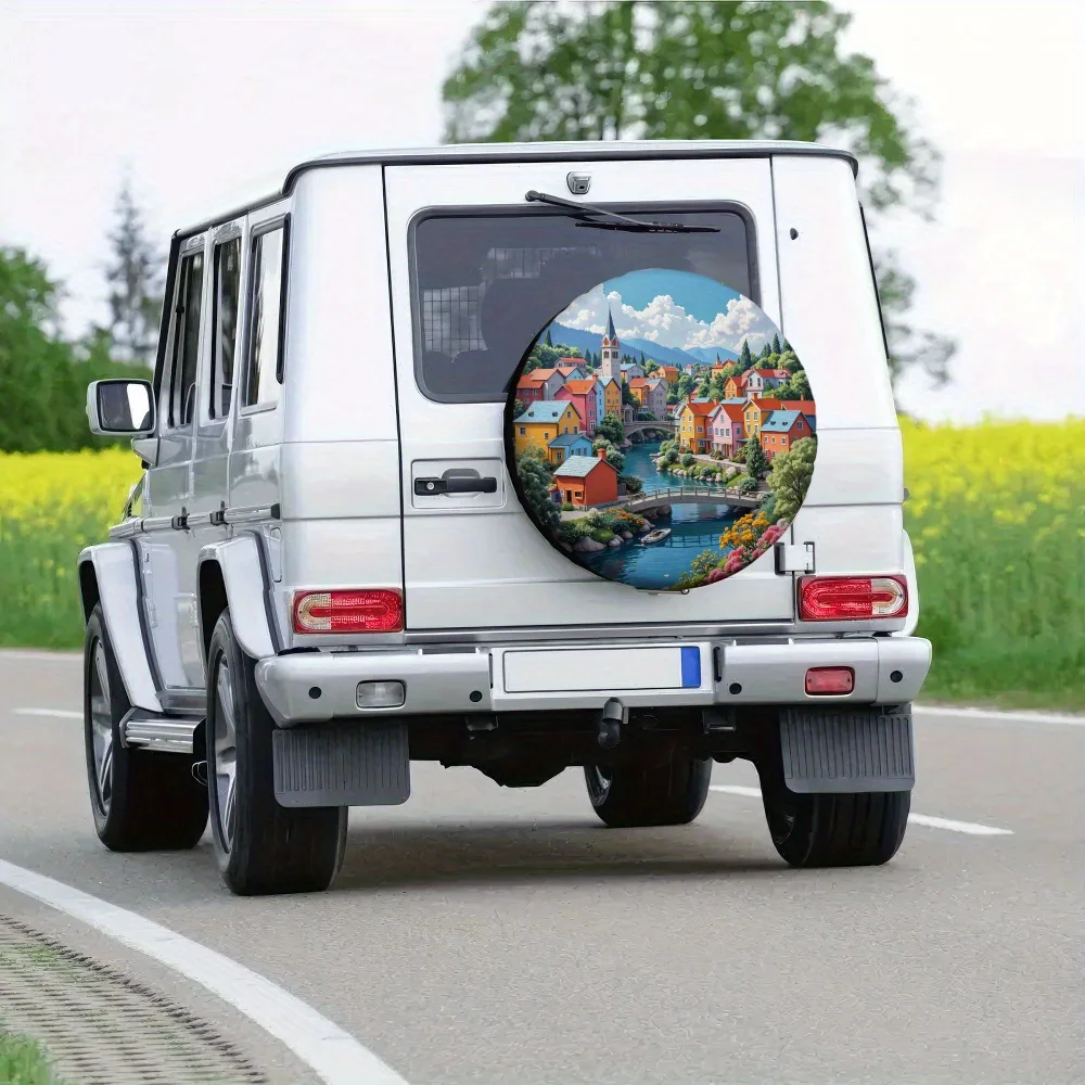 1pc, Universal Tire Cover Beautiful Town Durable 100% Polyester Fabric,Without Electricity Camping Suitable For Auto Accessories
