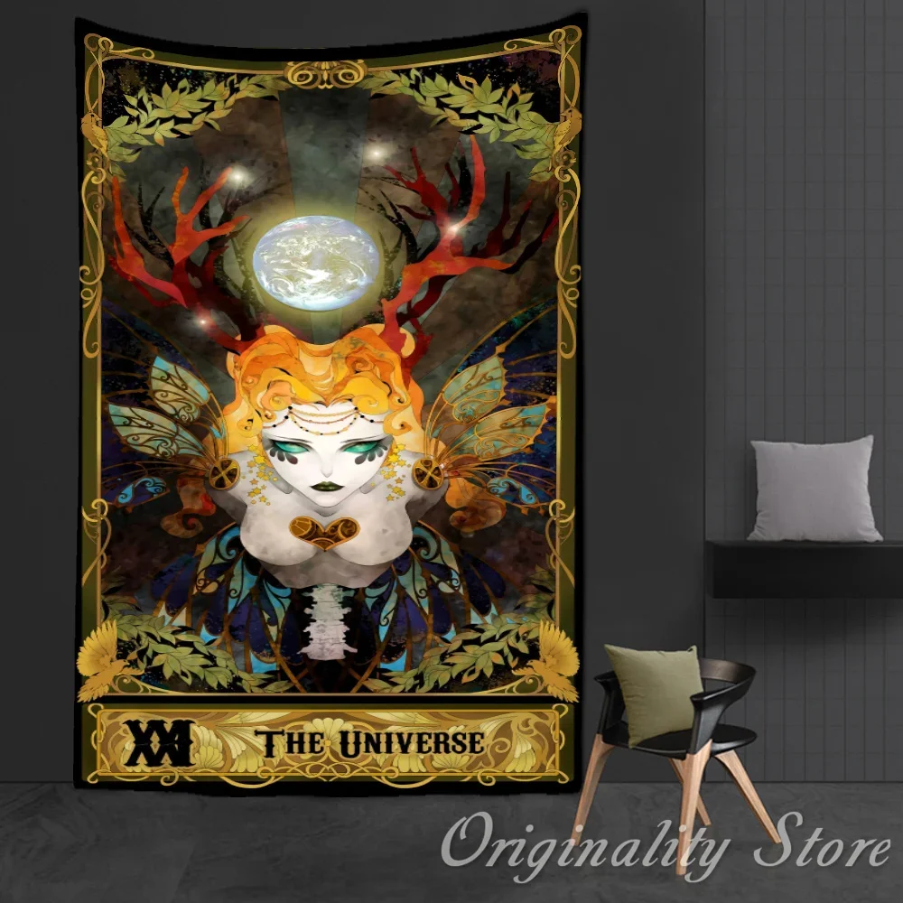 Western Witch Tarot Card Pattern Tapestry Wall Hanging Psychedelic Decor Moon Sun Flower Mandela Divination