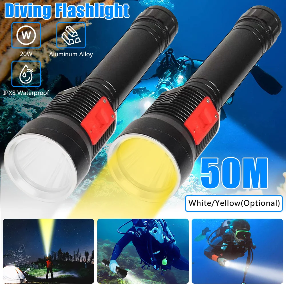 

20W XHP70 LED Diving Flashlight Yellow/White LED Waterproof IPX8 Underwater Scuba Diver Light Camping Dimming Strong Spotlight