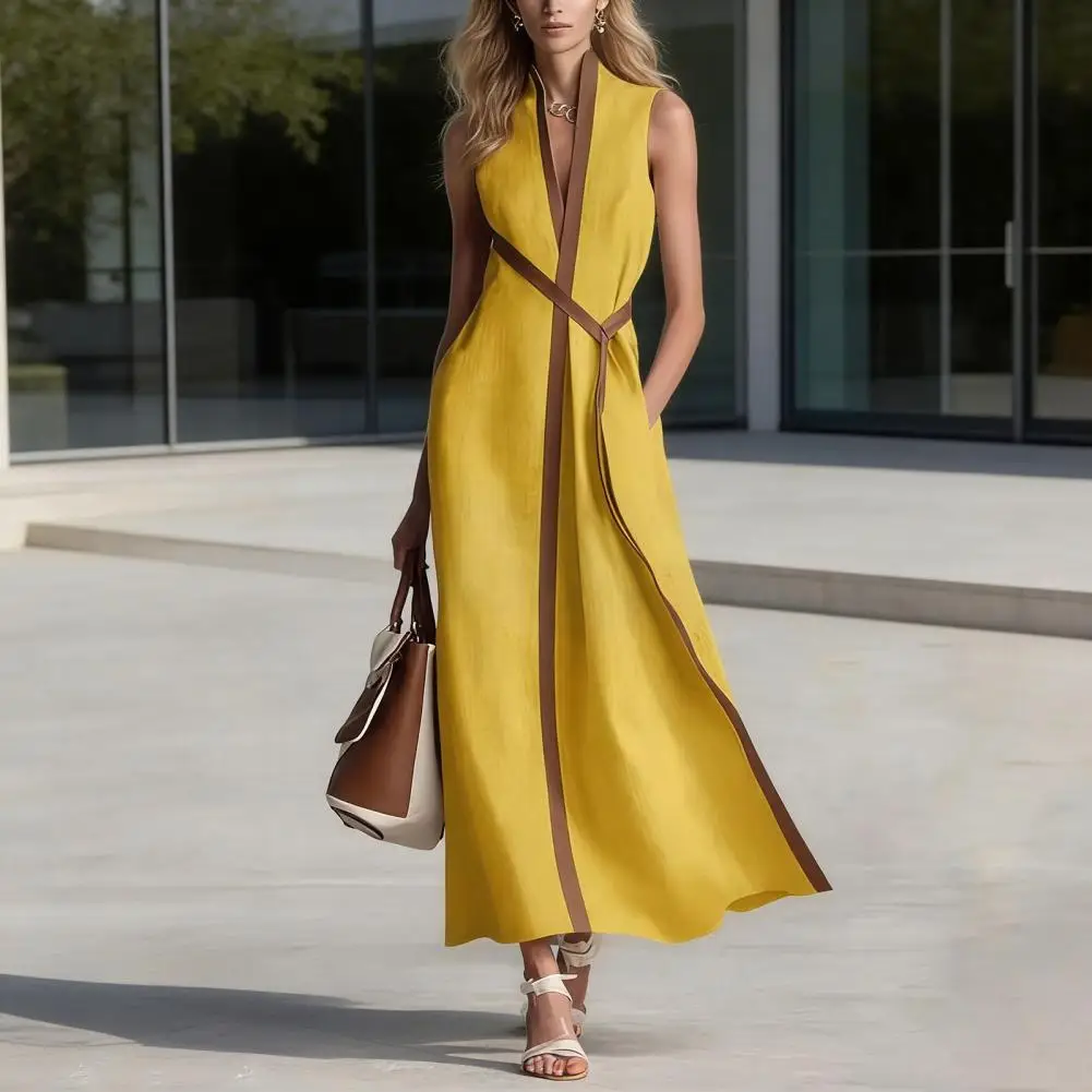 Sommerliche ärmellose Partykleider mit kontrastierendem Streifenmuster für Damen, schicke lange A-Linien-Kleider mit V-Ausschnitt für den Frühling, elegantes Urlaubs-Maxikleid