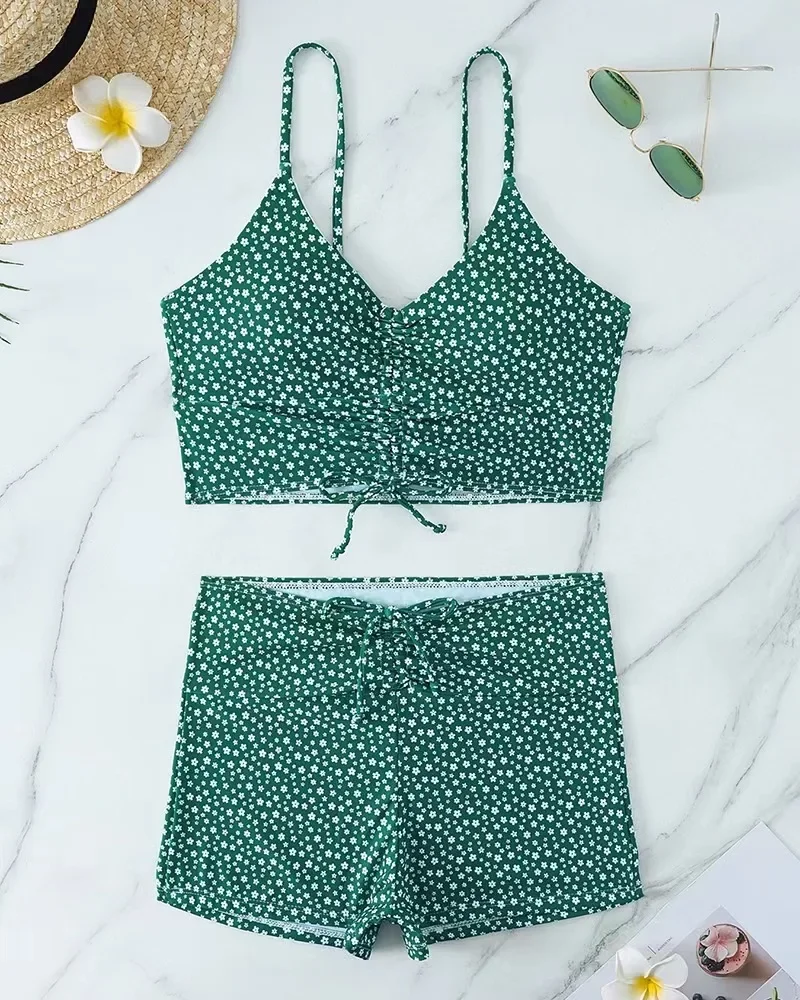 

Womens Two Piece Swimsuit Floral Print Beachwear 2025 Summer High Waisted Bikini Set Sports Swimwear Drawstring Bathing Suits