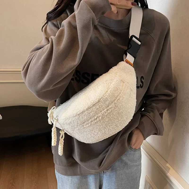 Cozy Faux Fur Waist Bag Women's Soft Winter Plush Crossbody Chest Bag With Adjustable Strap Casual Fashion Commuter Shoulder Bag