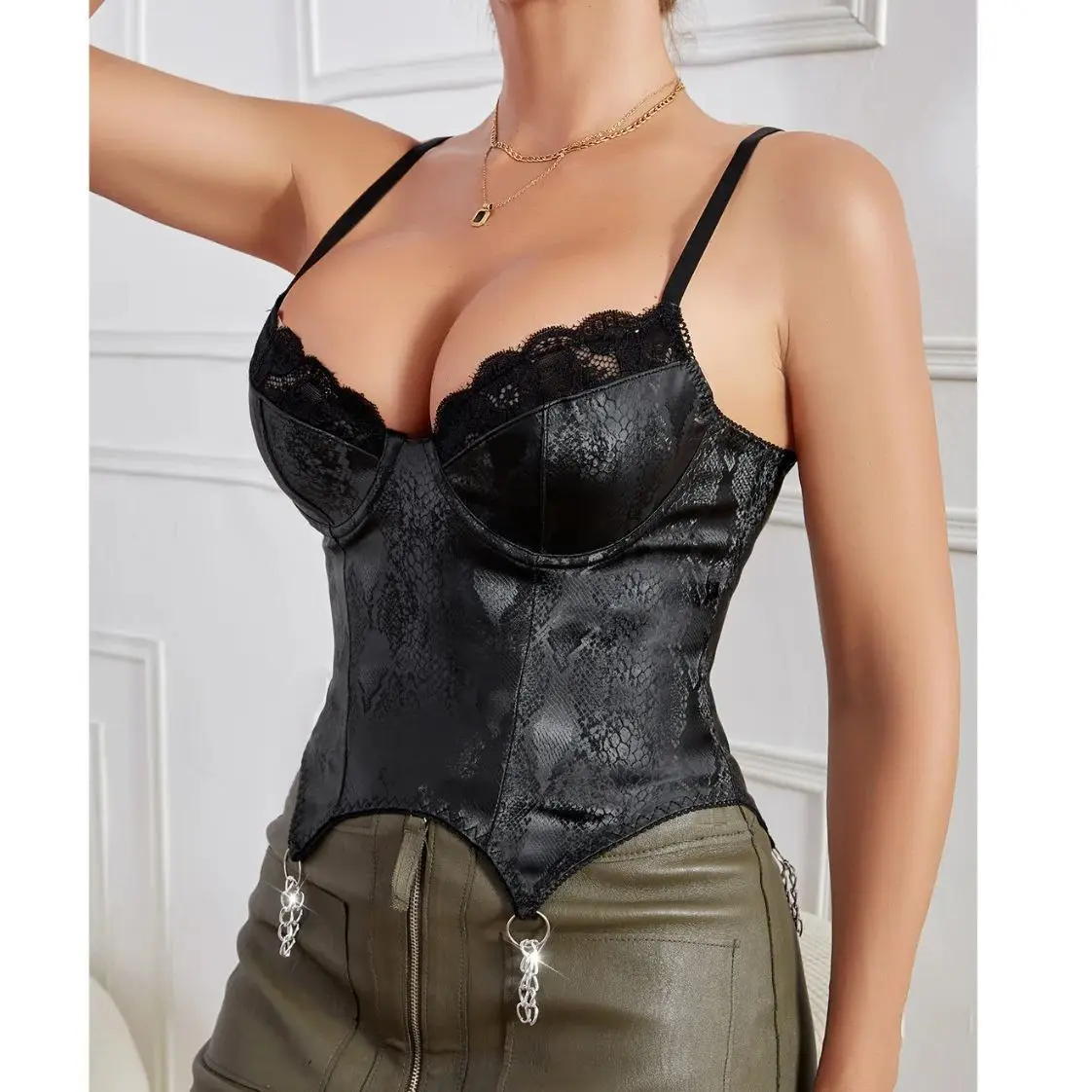 

Snake Print Irregularity Crop Top Vest Sexy V-neck Corset Tops Women Sleeveless Lace Camisole Slim Fit Boned Body Shaper Bustier