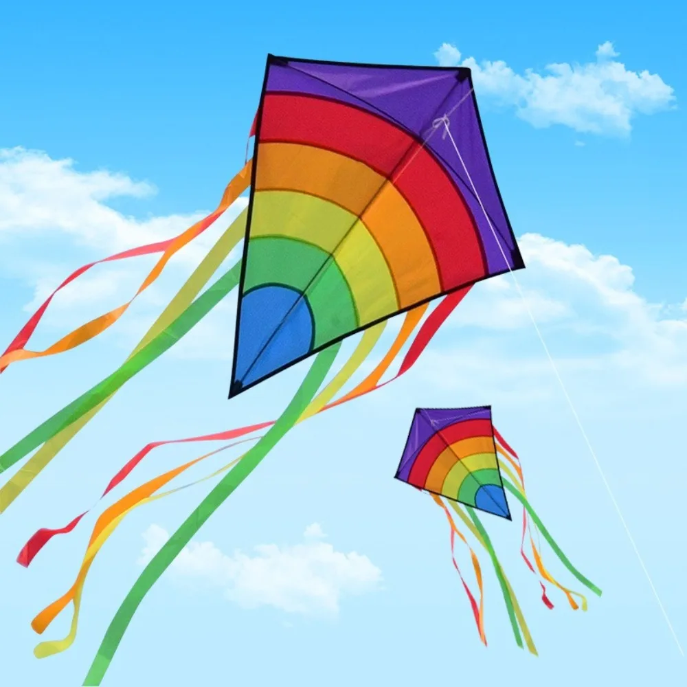 Cometa de arcoíris colorida fácil de volar con colas múltiples, cometa para niños voladora, línea de cometa Ripstop de 80 metros, cometa de diamante para playa