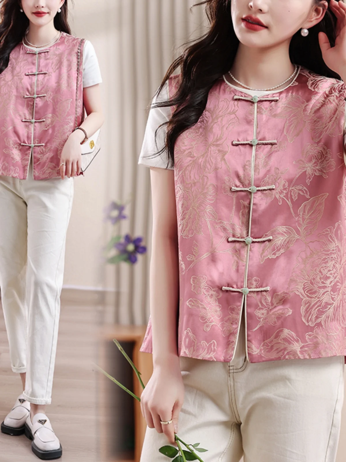 سترة نسائية وردية ثقيلة الوزن للربيع والصيف تصميم ريترو مطرز صيني Sle الاتجاه الوطني بأزرار علوية من القطن 00% #3