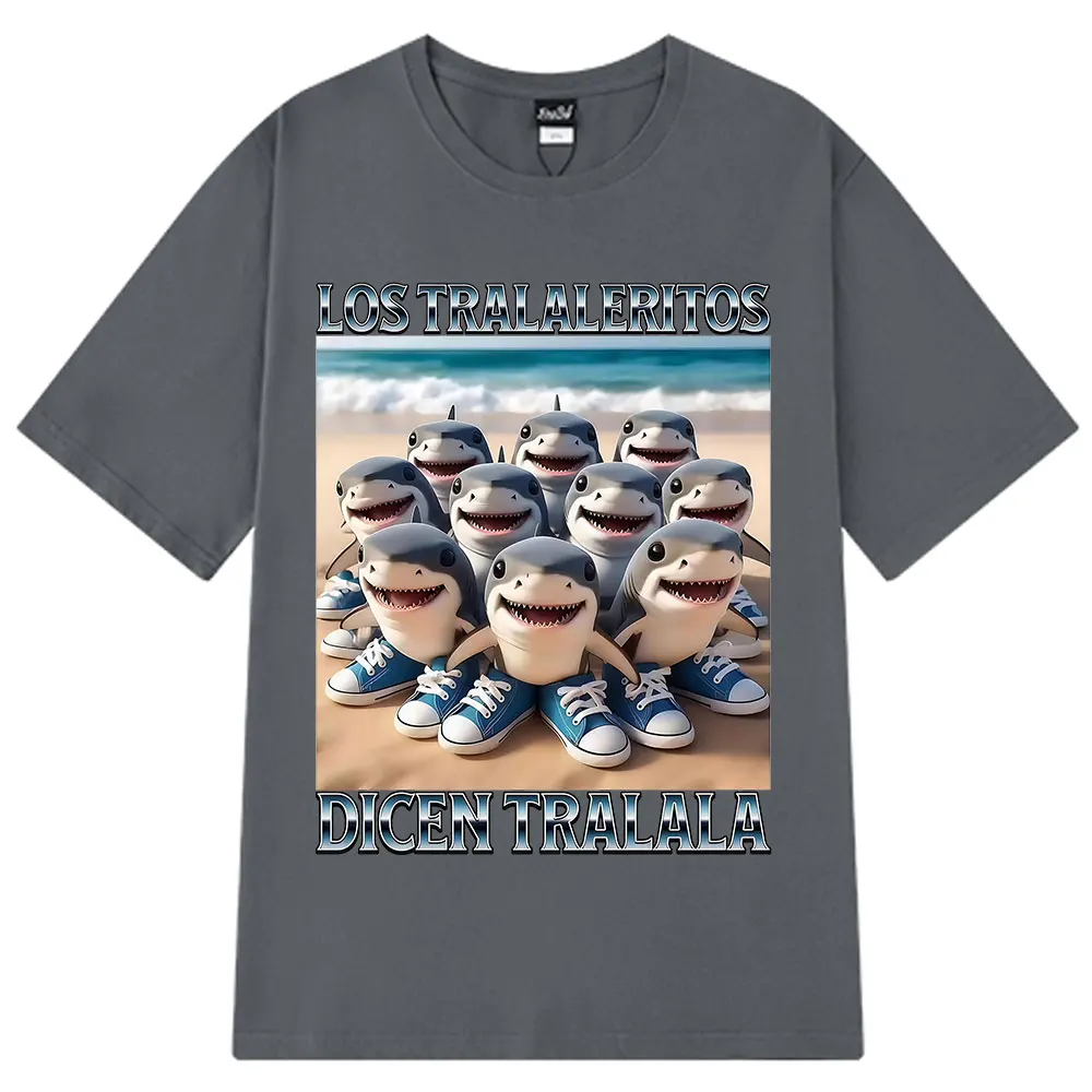 لوس Tralaleritos Dicen Tralala الإيطالية Brainrot ميمي تي شيرت Tralalero Tralala القرش مع أحذية الجرافيك القطن للجنسين تي شيرت غير رسمي #2