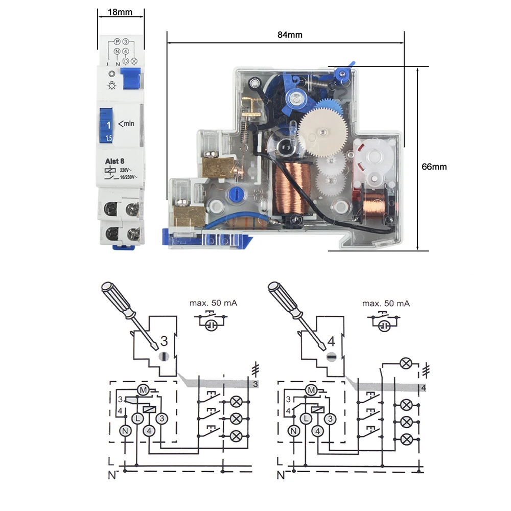 DIN Rail Timer Switch for Staircase Lighting Controller ALST8 1-7 minutes ALC18 1-20 Minutes Interval 18mm Single Module