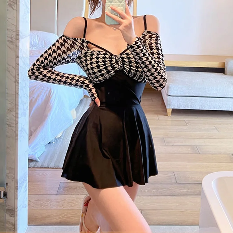 2023 New Summer Fashionable Premium Houndstooth Bow Neck Lace Up High Waist Covering Belly Sexy Spicy Girl Skirt Swimsuit