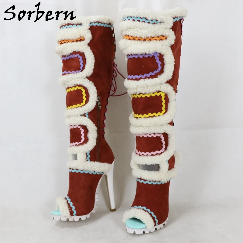 

Sorbern Brown Fake Suede Plush Women Boots Knee High Open Toe Fur Boots Ladies Plush Lining Fluff Lace Up Back Size 36-48