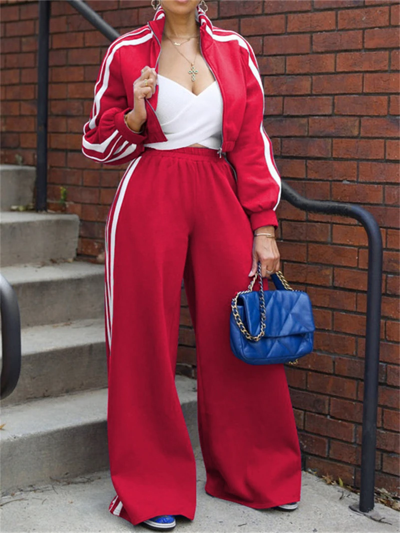 2 Piece Sets Women Outfit Fall Clothes 2024 Women Side Striped Zip Top Wide Leg Pant Sets Casual Tracksuits Set Women Sweat Suit