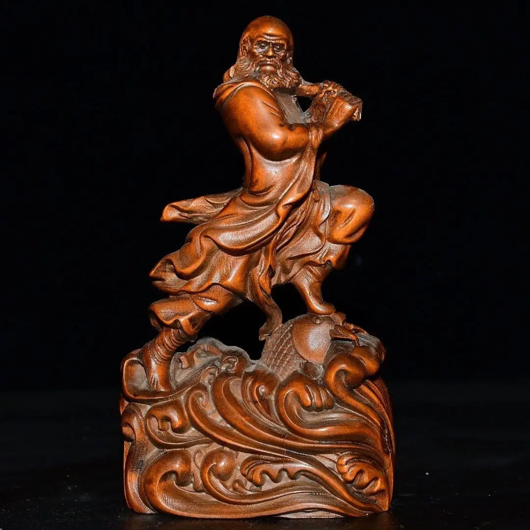 Hand Carved Wood Dharma crossing the river Statue Figurine Desktop Ornaments Home Decoration