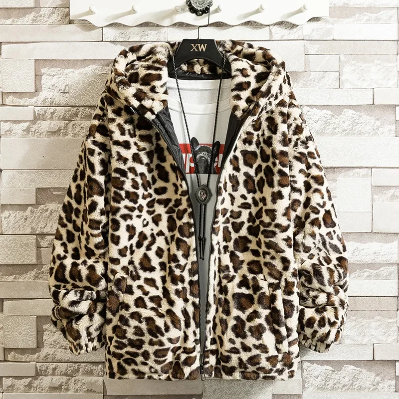 2025 Men\'s Leopard Print Handsome Imitation Mink Hooded Jacket Fleece-Lined Warm