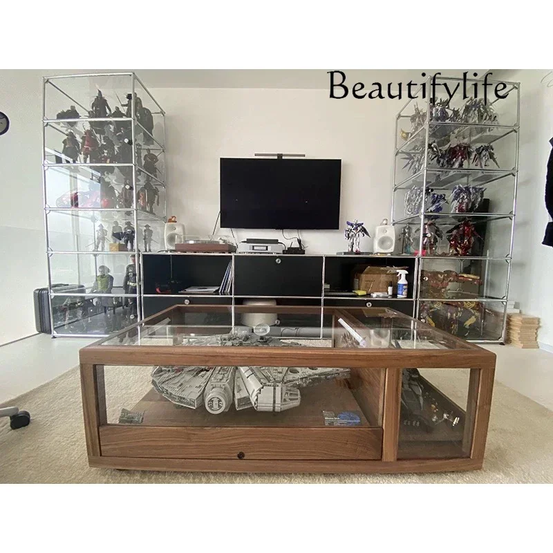 

Black walnut tea set display box, transparent glass storage tea room desktop solid wood display case