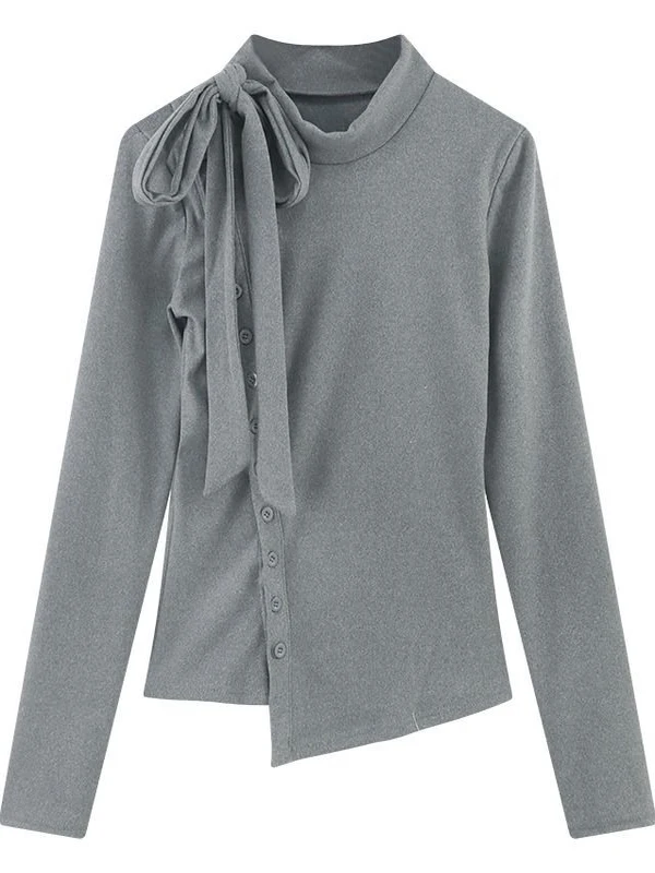 Faionable Long Sve T-irt f High Collar Bow Tie Base irt Versatile Waist Cinching Split Bot Ladies Wear