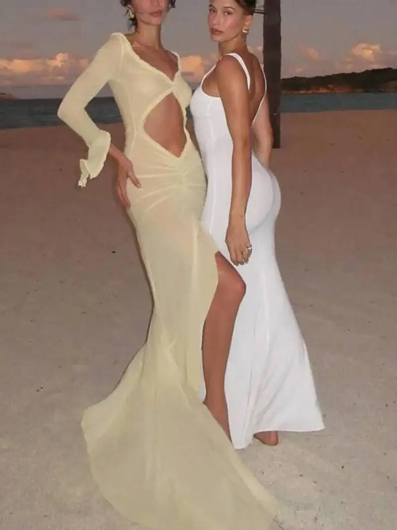 Sexy Sheer Women Dress Elegant Hollow V-Neck Splits Long Sleeves Ruffles Lace Ruched Bodycon Beach Vacation Clubwear 8RHS