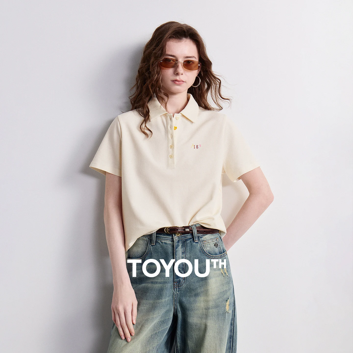 TOYOUTH Women T-shirt 2026 Summer New Breathable Bead Polo Shirt with Heart-sha…