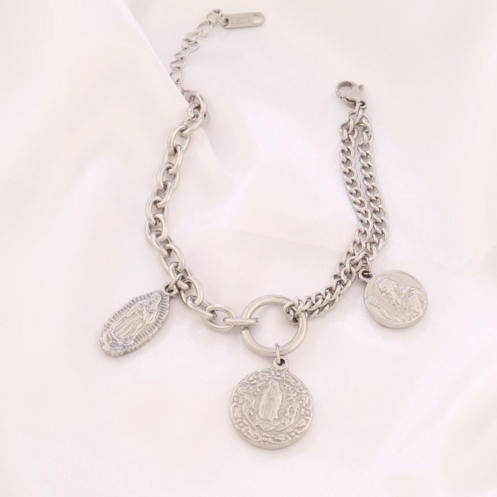 316L Stainless Steel Religious Pendant Bracelet For Women Gold Color Virgin Mary Pendant Chain Bracelets Jewelry