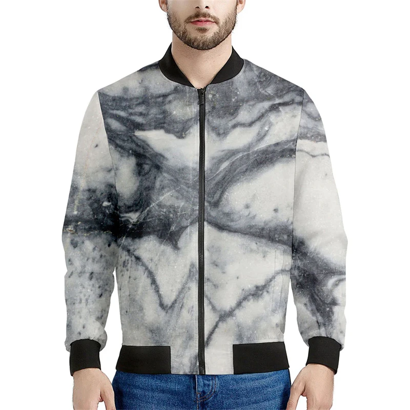 White Marble Cracks Graphic Jackets Simple Fashion Long Sleeve Mens 3D Printed Bomber Jacket Spring Autumn Casual Loose Coat Top