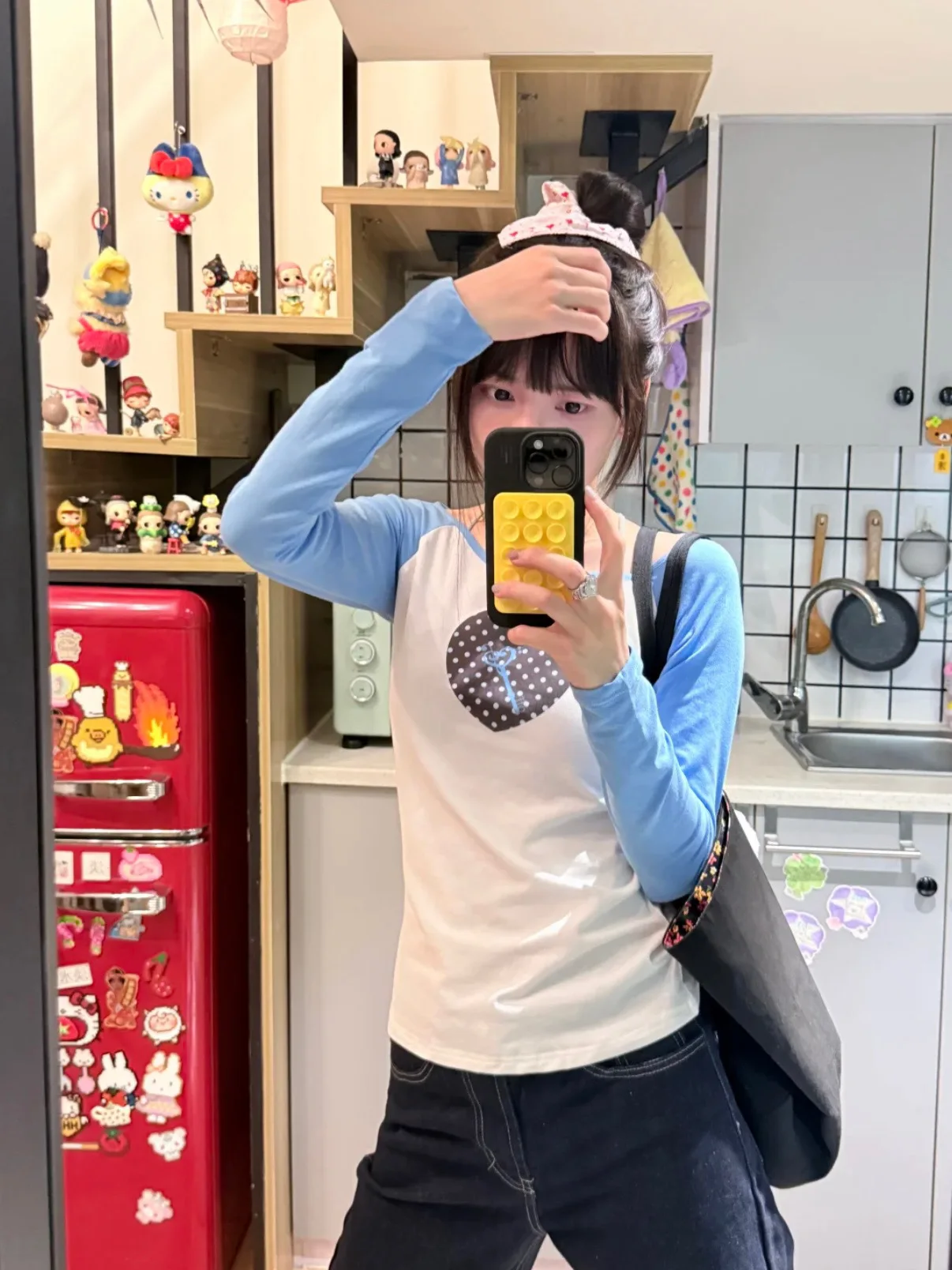Retro American Heart Key Polka Dot Color Block Long Sleeve Women's T-shirt Slim Fit Sweet Style Top for Autumn