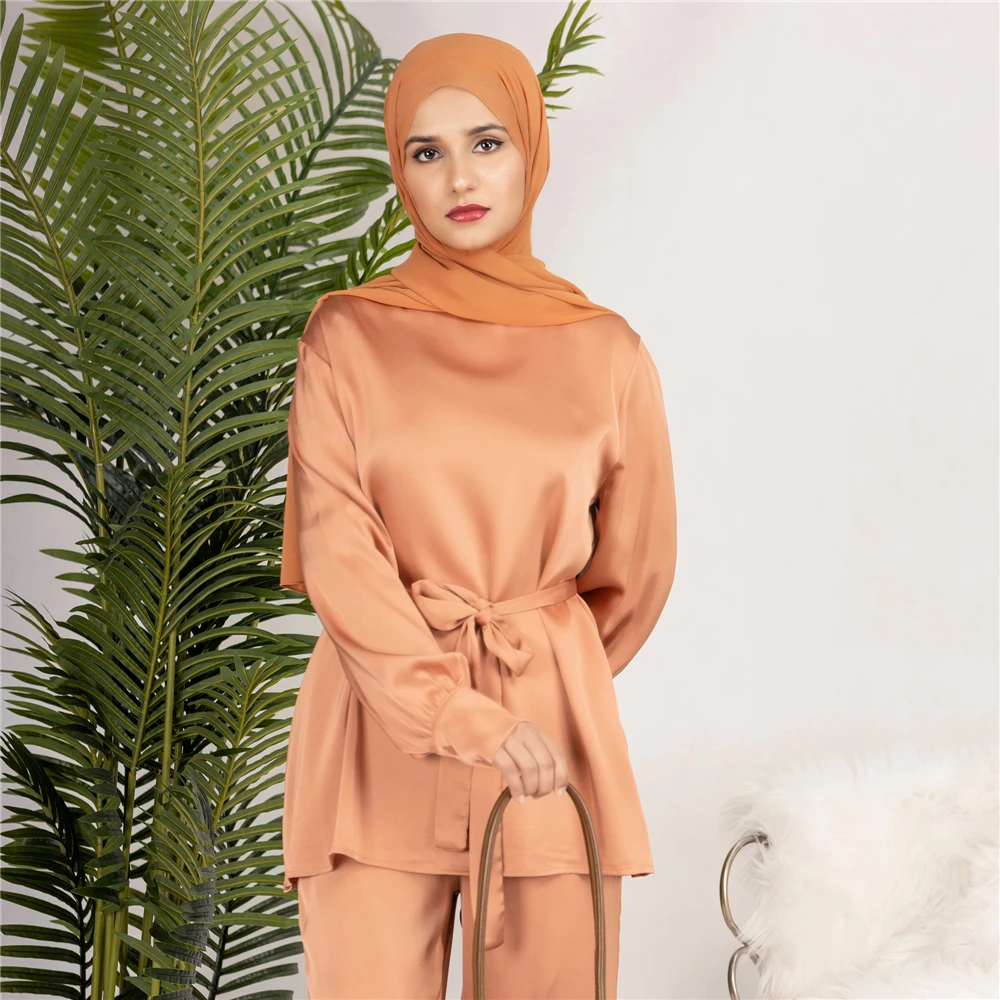 ซาตินตุรกีชุด 2 ชิ้นกางเกงเสื้อกางเกงเสื้อชุดมุสลิมชุดผู้หญิง Ramadan Eid Abaya Kaftan Femme Musulmane Ensembles