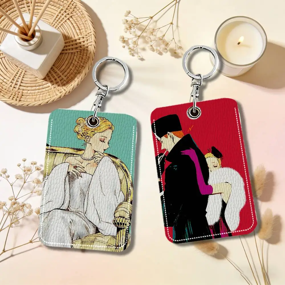 Vintage Manga V-Veil Kotteri Emma PU Soft Leather Rectangular Keychain Card Holder, Badge Student ID Bus Elevator Card Protector