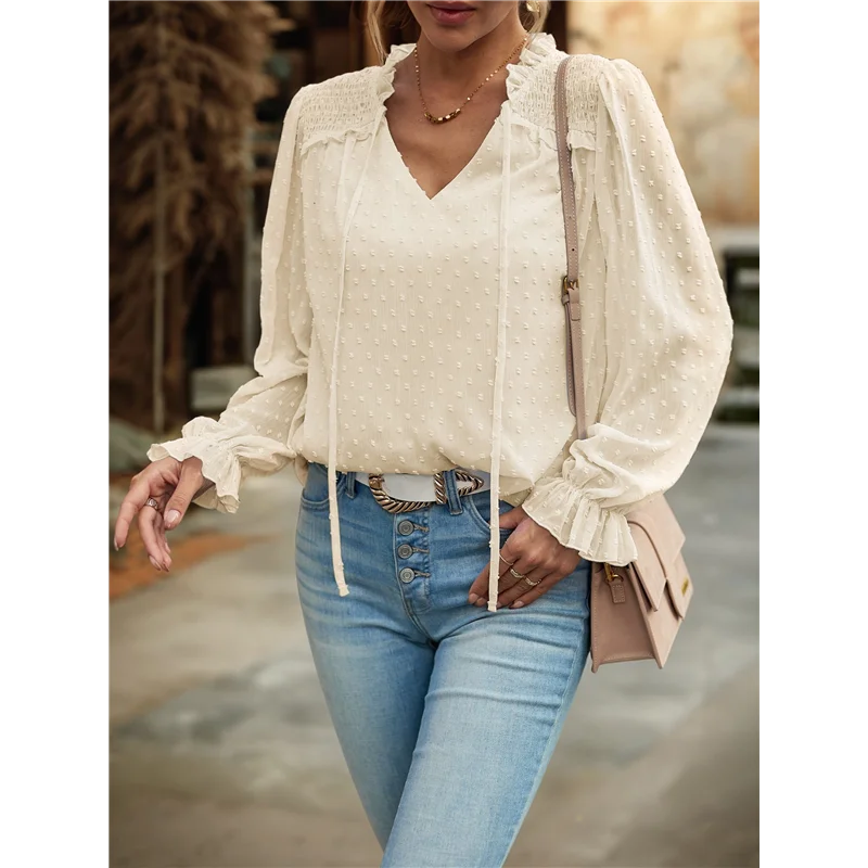 

AG-Women's Casual Blouse Swiss- Dot Summer Shirts Elegent V Neck Long Sleeve Loose Dressy Office Tops