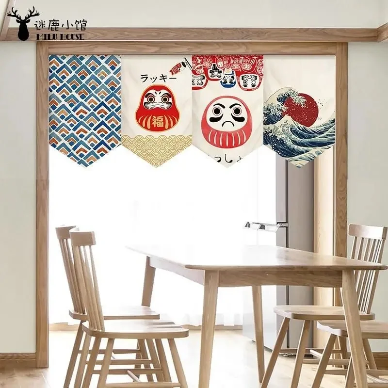 VIKAMA Retro Daruma Triangle Valance Curtain Japanese Lucky Doll Art Print Fabric Pennant Curtain for Window Decor
