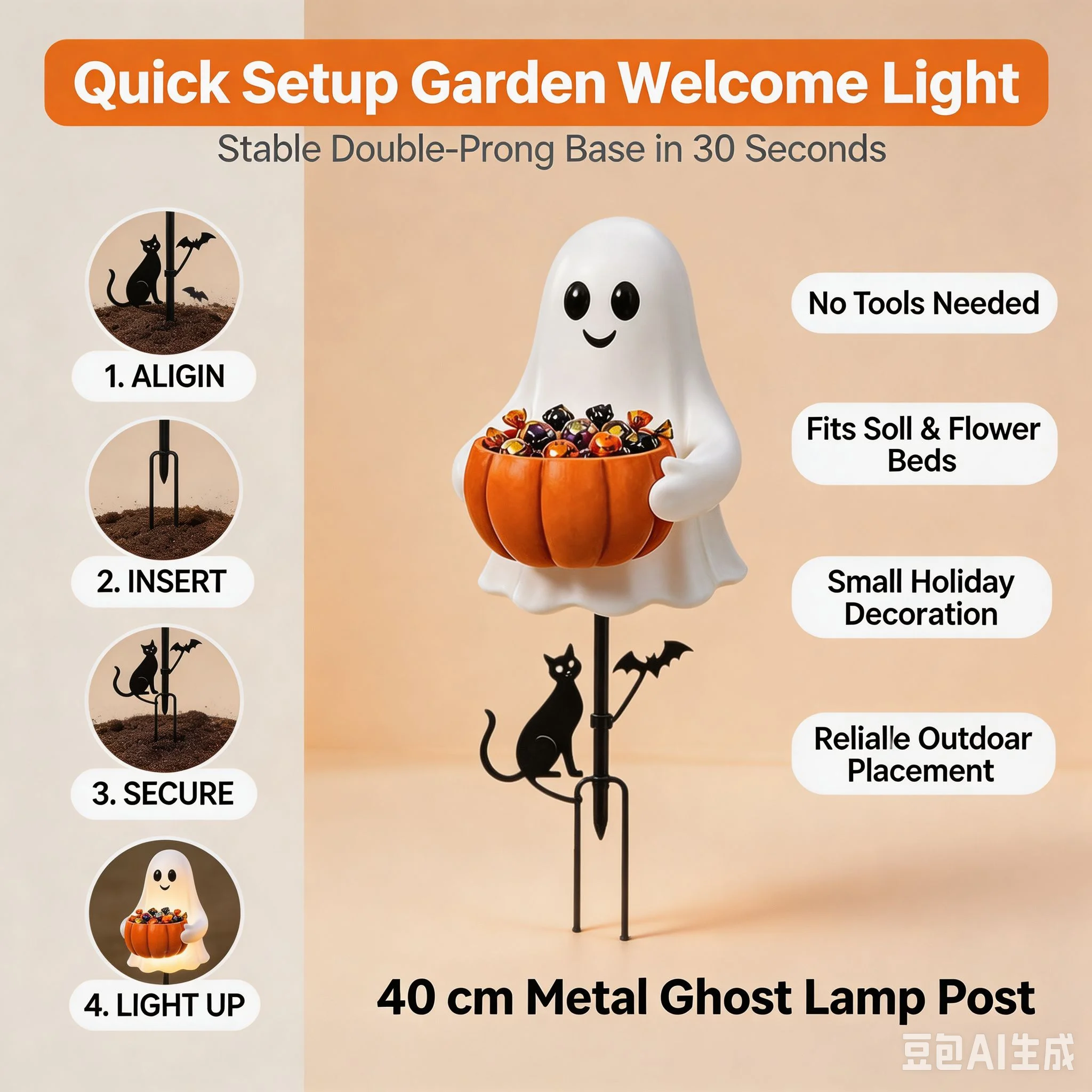 Halloween Ghost Candy Holder Garden Stake Gift for Halloween Lovers Glowing Pumpkin Candy Bowl Outdoor Yard Porch Lawn Decor