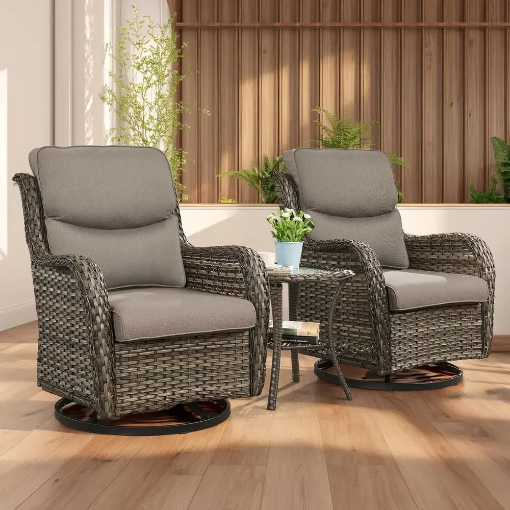 3-Piece Swivel Rocking Patio Furniture Set with Rattan Rocking Chairs and Glass Top Side Table in Mixed Grey Tones