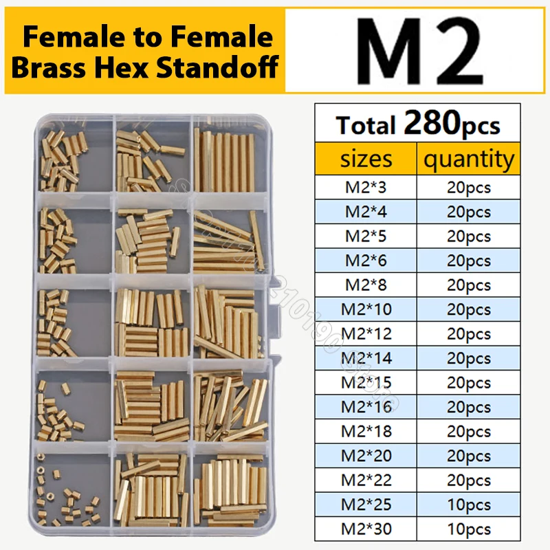 

280pcs M2 Female to Female Brass Hex Column Standoff Set Hexagon Support Spacer Hollow Pillar For PCB Board Assortment Kit