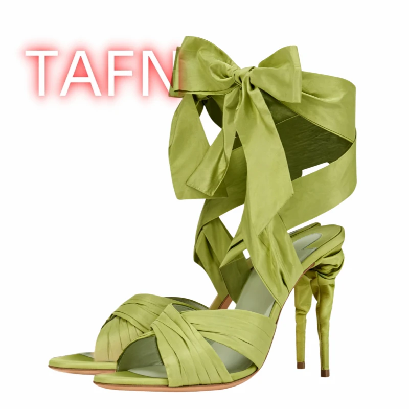 Green Satin Bow Heeled Sandals, Women’s Open Toe Wrap Ankle Strap Stiletto Heels, Elegant Party Wedding Bridal Heeled Sandals