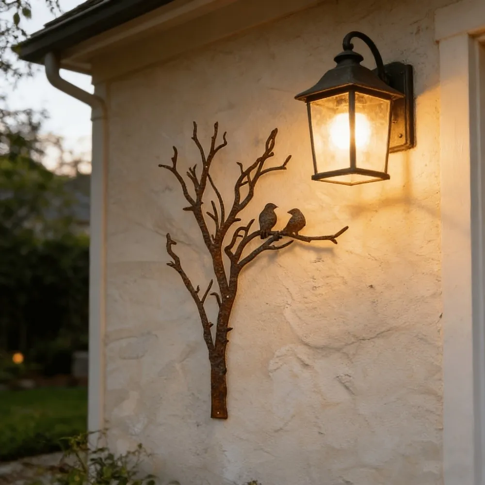 Minimalist Line Metal Tree Branch Bird Silhouette Decor Farmhouse Style Vintage Rust Garden Silhouette Wall Ornament Waterproof
