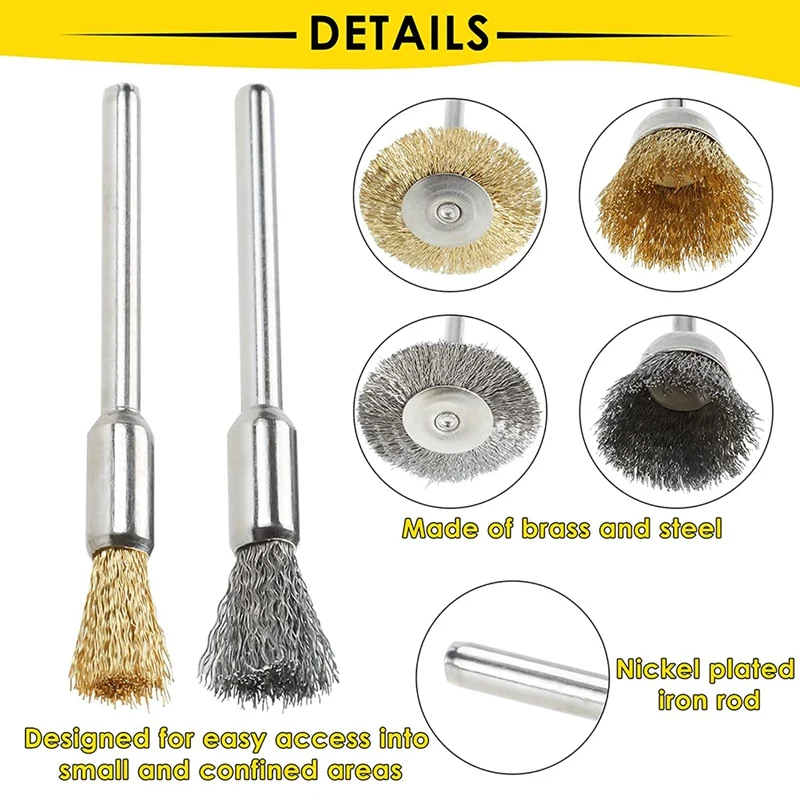 Kit di spazzole per ruote in filo metallico da 72 pezzi Set di spazzole per penne con ruote in filo d'acciaio per strumenti rotanti strumenti puliti per lucidare