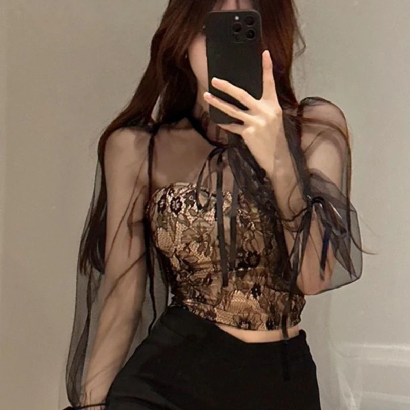 Blouses Women Temperament Gentle Spring Mesh Lace Design French Style Fashion Sexy Female Tops Slim Personality Elegant Casual