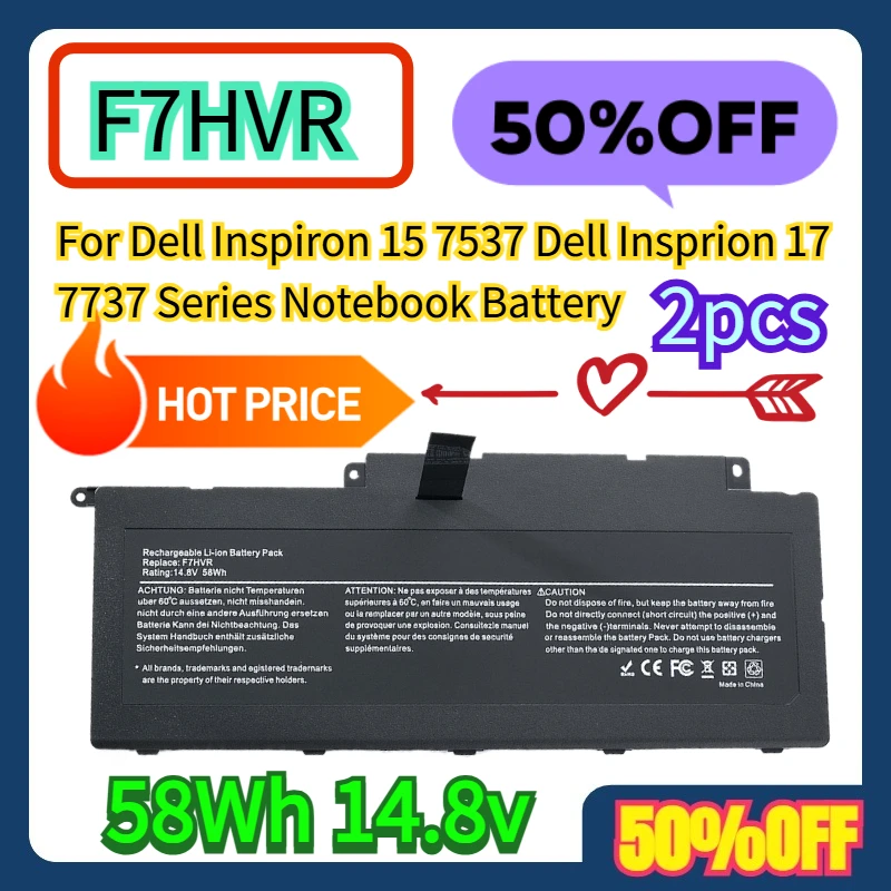 

2pcs For Dell Inspiron 15 7537 Dell Insprion 17 7737 Series 14.8v 58Wh F7HVR Notebook Battery