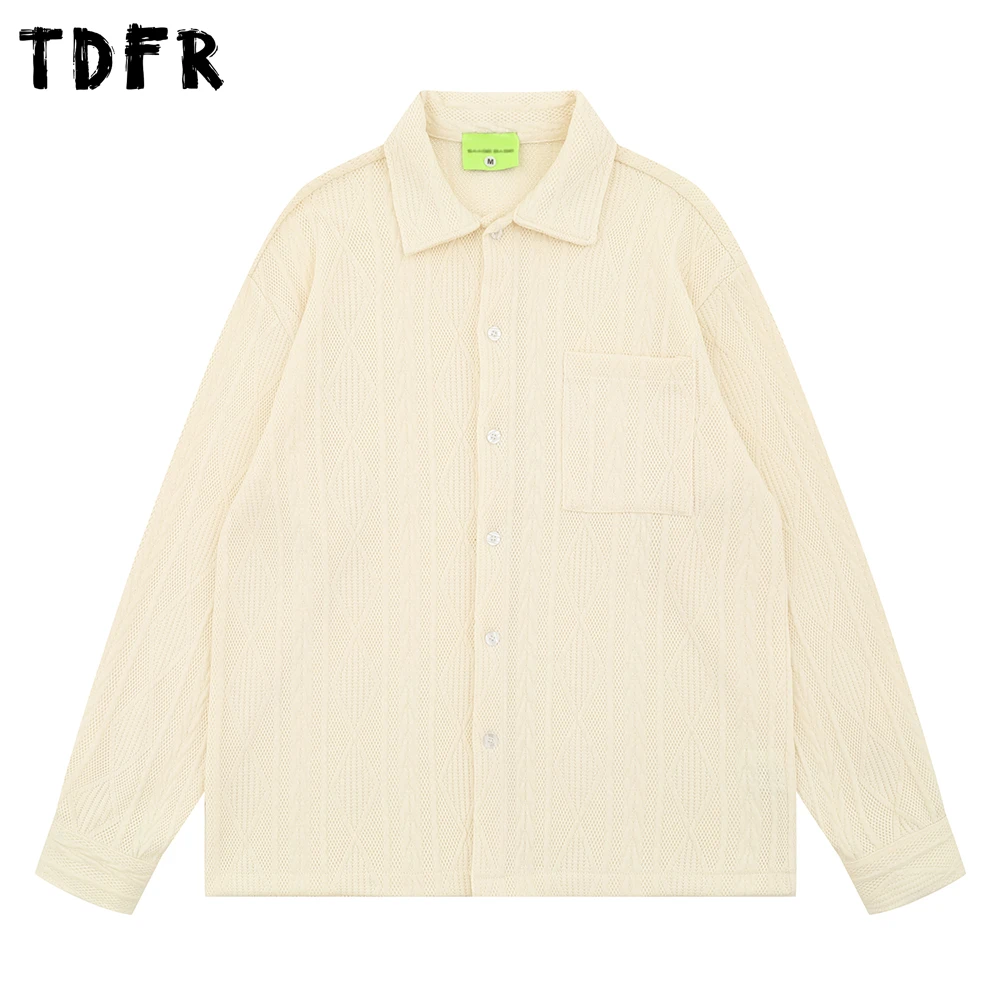 

Retro Jacquard Long Sleeve Shirts Mens Solid Color Autumn Casual Loose Lapel Single Breasted Shirts Man