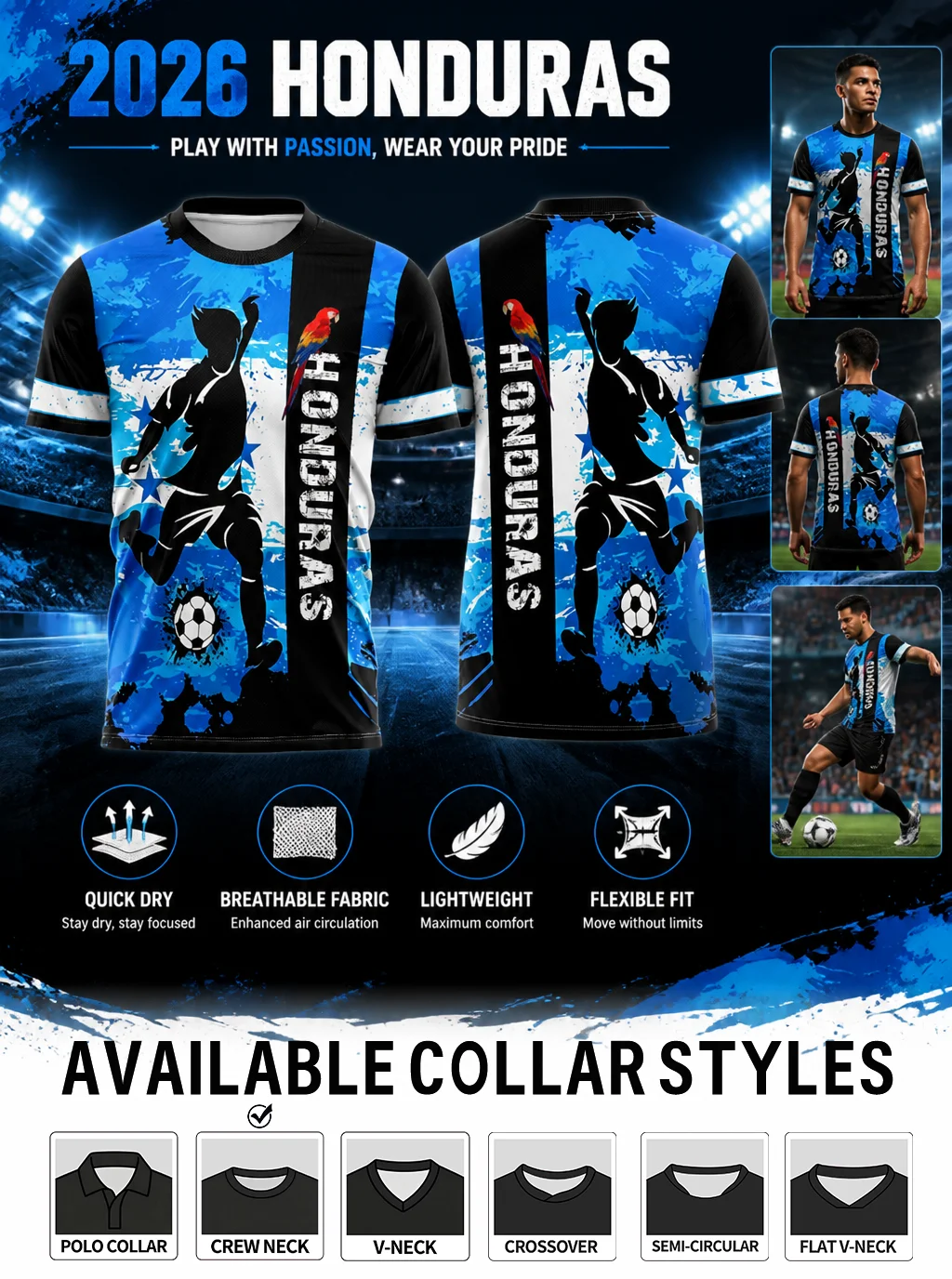 Honduras soccer jersey,blue‑black splatter,parrot & soccer silhouette,HONDURAS print,quick‑dry,multiple collar styles