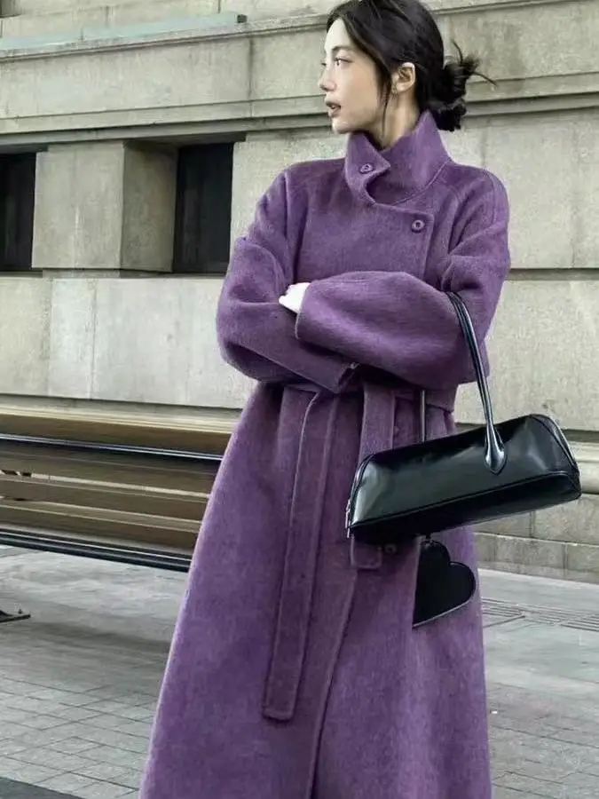 

plus Size 300 Pou Women's Autumn Winter Woolen Coat Loose Casual Long Sle Purple Outerwear for plus Size Women