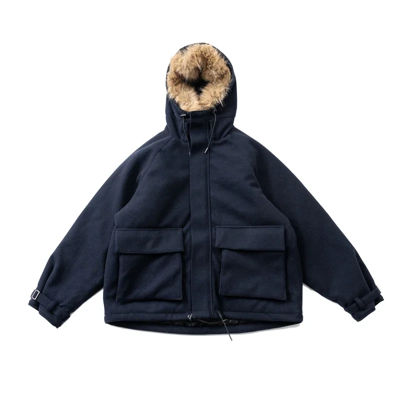 New Japanese Minimalist Fabric with Detachable Fur Collar Three-dimensional Cutting Loose Fit Cotton Jacket for Men and Women