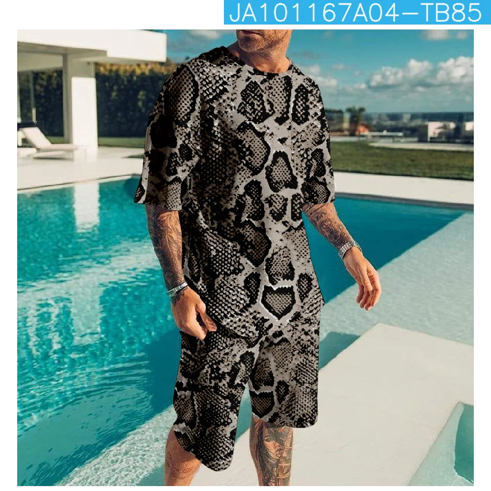 Python Personality Summer Men's Sportswear Short-sleeved T-shirt Suit 2-piece Outdoor Clothing Oversized Shorts Training Clothes