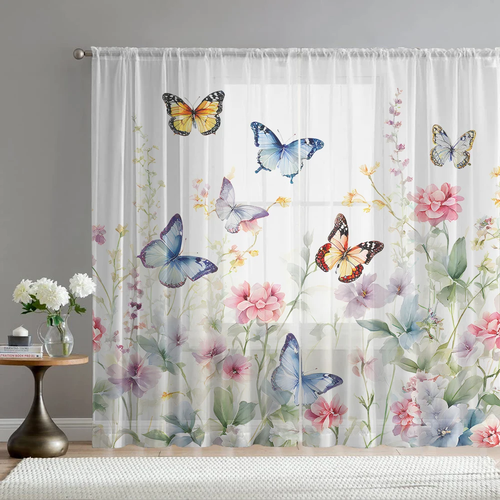 2PCS Home decoration printed window screens, colorful butterflies, with pole bags, suitable for kitchens, cafes, and living room