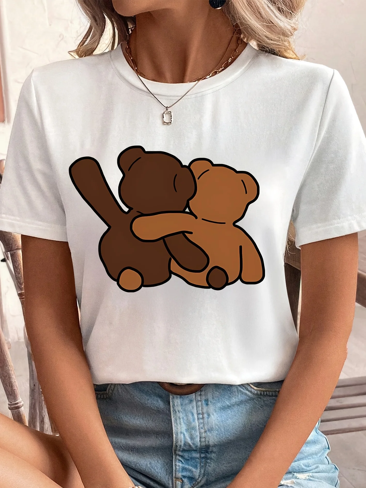 Women's T-shirt with Teddy Bear Back, Fashionable Print Round Neck Skin Friendly Daily Fashion Vacation Casual Top