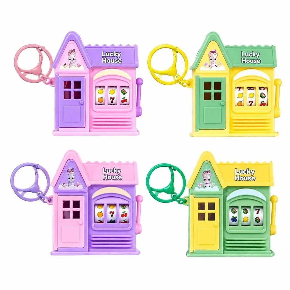 Hand-Crank Rotating Mini Slot Machine Keychain Stress Relief Fruit Reel Mini Candy House Keyring Portable Bag Charm Pendant