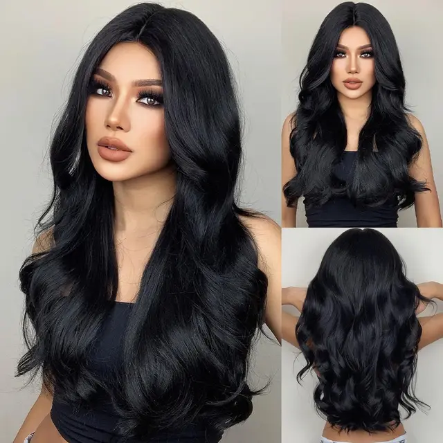 Długie czarne falowane włosy peruki dla kobiet naturalna syntetyczna peruka z kręconymi włosami peruki z włókna termoodpornego do codziennego cosplay