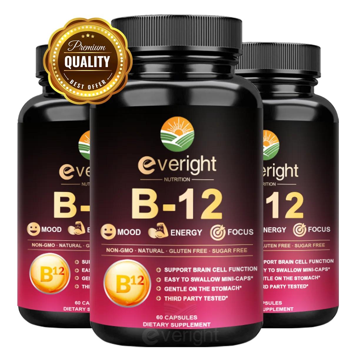 Vitamin B12 - for Mood, Brain, Nervous System, Energy, Metabolism - 3 BioActive B12 Forms 5000 mcg，Non-GMO