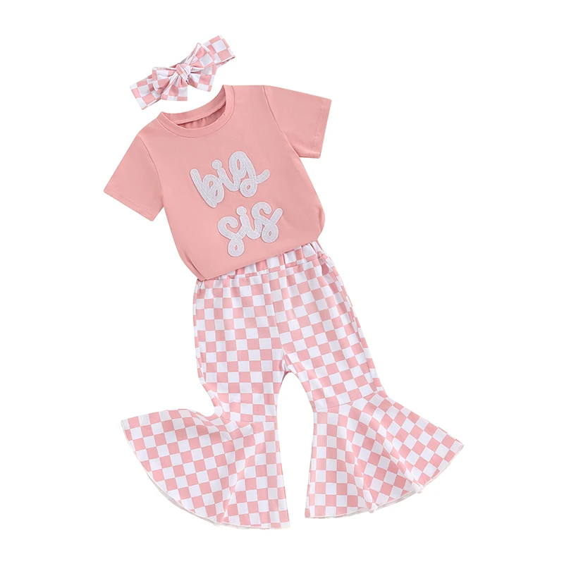 

Little Girls 3 Piece Set Short Sleeve Letter Patch Tops Checkerboard Flare Pants Tie Up Headband Toddler Outfits