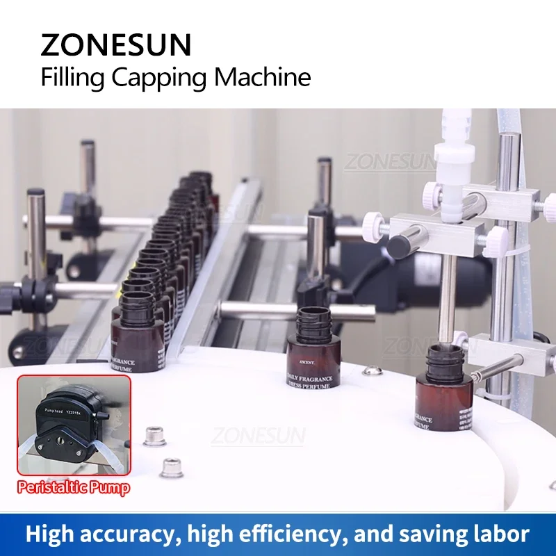 ZONESUN-máquina taponadora de llenado automático con transportador, bomba peristáltica, llenador de dosis pequeña, muestra de Perfume, Vial de esencia